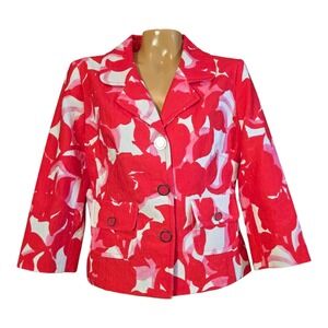 Doncaster Collection Womens Red White Floral Textured Blazer 3/4 Sleeve Size 10